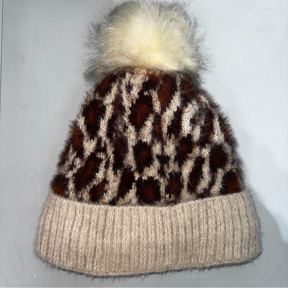 Leopard Print Ribbed Fleece Lined Pom Pom Beanie Women’s Snow Hat Riggine